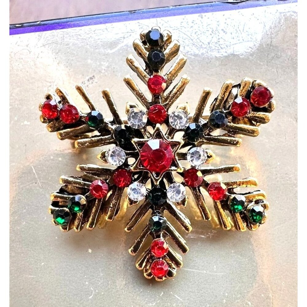 Christmas Snowflake Brooch Pin Star Red Green Crystal Accents Festive Wi… - Picture 9 of 12